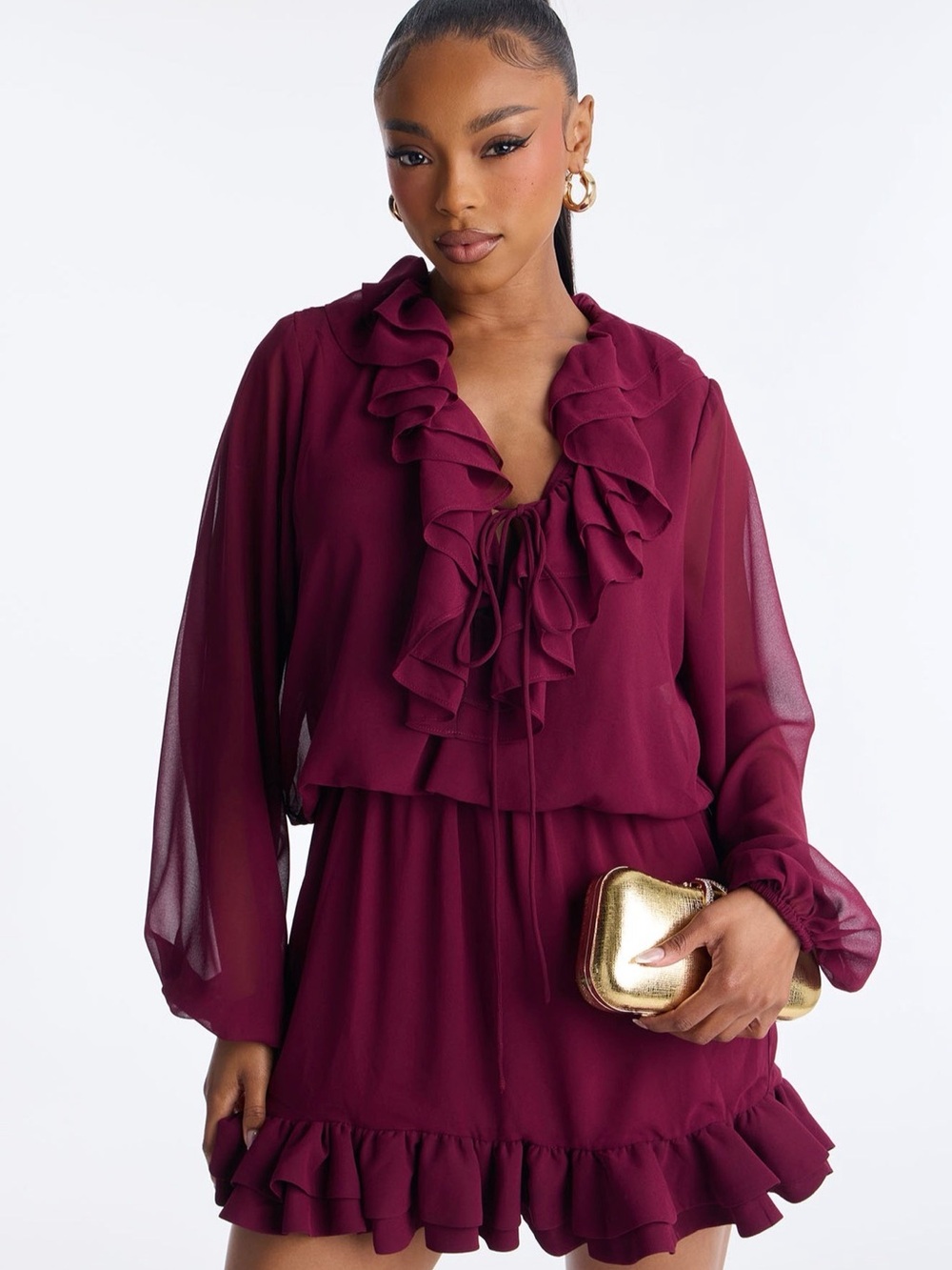 Ruffled V-Neck Burgundy Mini Dress